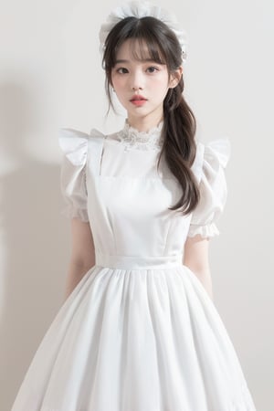 1girl, maid_dress, blush,iu,1 girl,jennie,jennie blackpink, ((((only wear white maid_dress)))), simple background