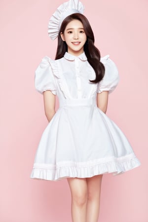 1girl, maid_dress, blush,iu,1 girl,jennie,jennie blackpink, ((((only wear white maid_dress)))), simple background