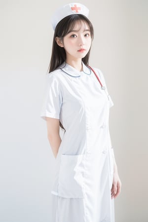 1girl, nurse uniform, blush,1 girl, ((((only wear white nurse uniform)))), simple background