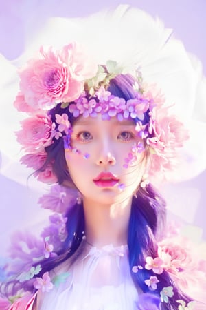 portrait,woman, flower dress, colorful, darl background,flower armor,white theme,dfdd,2d_animated,niji5,3d style,fashion_girl