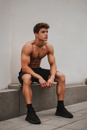  ripped guy, 17 years old , casual, light short beard, perfect focus, masculine, shirtless, muscular , full body picture, sitting