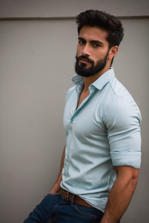 thin ripped guy, Latino , casual, trimmed beard, perfect focus, masculine, tight shirt
