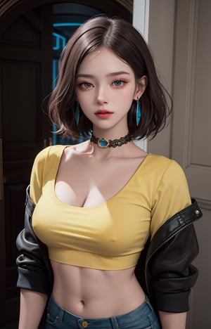 (Masterpiece, Best Quality, 1 Girl, Solo, Intricate Details, Chromatic Aberration, Realistic,) :1.4), yellow eyes, earrings, sharp eyes, choker, neon shirt, open jacket, crop top, (symmetrical eyes), (perfect symmetrical body), live house entrance, look at the viewer, 2b