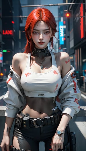 ((Best Quality)), ((Excellent)), (Very Detailed: 1.3), 3D, Beautiful (Cyberpunk: 1.3) A hacker woman with red dyed hair and wearing white clothes looking into the camera, a gunslinger woman, a cyberpunk pistol,