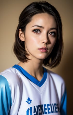 Top quality, masterpiece, super high resolution, (photorealistic:1.5), raw photo, one girl, basketball uniform, deep shadow, low key, cold light, sexy look, short hair, beautiful eyes, Japanese hime cut style, AliceMadness, Blake,basketball uniform