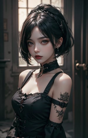 Best quality, 8K, Masterpiece: 1.3, Gothic punk, Red inner color, Grayish black hair, Short Bob Hair, Hair accessories, Cute girl, Creative, Dark fantasy style, Neo-goth, Goth fashion: 1.2, Gorgeous makeup, High resolution, Masterpiece, Best quality, Head w: 1.3, ((Hasselblad photography)), Fine skin, Sharp focus, (Cinematic lighting), Realistic textured hair,