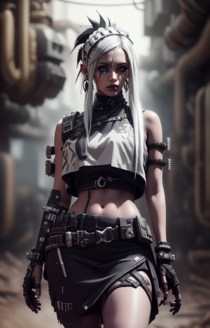 (Masterpiece, Best Quality, 1 Girl, Solo, Intricate Details, Chromatic Aberration), Real,, 2bTheEmpireStyle, White, White Cyborg Fashion Shot, Punk Warrior, ((Sigh)), (Sad Smile: 0.6), Long Hair, Black Hair , white headdress, pearl highlights, hair on one eye, yellow eyes, earrings, sharp eyes, , (symmetrical eyes), (perfectly symmetrical body), by the wall, fractal decoration staring at the viewer, Unreal Engine, ArtStation In trend, high-tech plastic,TheEmpireStyle,Maria