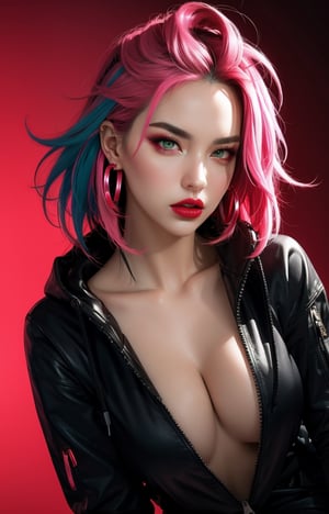 1 Girl, Angry Veins, Black Eyes, black hair, (highlights hair, pink streaked hair), green Eyes, Buttons, Ear Piercings, Cyberpunk Hoodie, Jewelry, Lips, Lipstick, Looking at Viewer, Colorful Hair, Red Lips, Simple Background, Solo, (Portrait, From the Thigh Up, Dynamic Angle: 1.2), Neon Lights, (Red Theme: 1.2), Dark Theme,sexy,latexsuit