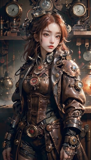 (masterpiece, best quality, best quality, official art, beautiful and aesthetic:1.2), (one girl:1.3), red hair, copper and leather world, highly detailed, (steampunk:1.2), colorful, highest detail, mix4, cute girl, super steampunk, steampunk, real hands,Japan Hime_cut style,little_cute_girl,yurisa_chan