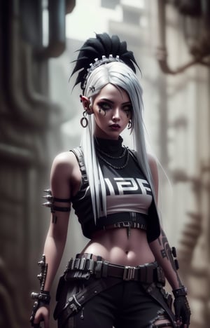 (Masterpiece, Best Quality, 1 Girl, Solo, Intricate Details, Chromatic Aberration), Real,, 2bTheEmpireStyle, White, White Cyborg Fashion Shot, Punk Warrior, ((Sigh)), (Sad Smile: 0.6), Long Hair, Black Hair , white headdress, pearl highlights, hair on one eye, yellow eyes, earrings, sharp eyes, , (symmetrical eyes), (perfectly symmetrical body), by the wall, fractal decoration staring at the viewer, Unreal Engine, ArtStation In trend, high-tech plastic,TheEmpireStyle,Maria