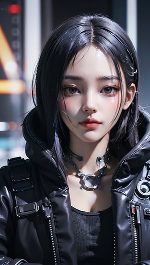 ((Highest quality)), ((masterpiece)), (Very detailed:1.3), 3d, beautiful (cyber punk:1.3) Hacker woman with dyed hair, Wearing black clothes and looking at the camera
