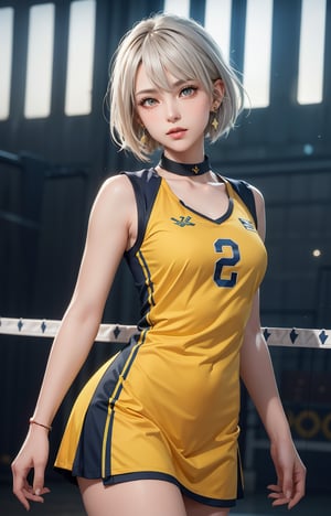 (Masterpiece, Best Quality, 1 Girl, Solo, Intricate Details, Chromatic Aberration, Realistic,) :1.4), yellow eyes, earrings, sharp eyes, choker, volleyball uniform, (symmetrical eyes), (perfect symmetrical body), volleyball, look at the viewer, 2b,beautylegs, ,CyberBlueMoon,lvdress