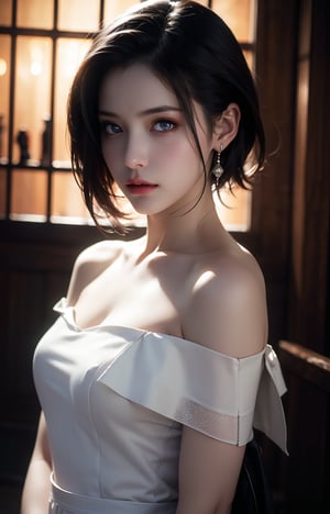 Best quality, masterpiece, ultra high res, (photorealistic:1.5), raw photo, 1girl, offshoulder, in the dark, deep shadow, low key, cold light, sexy look, short hair, Beautiful eyes ,White Stage uniform, Japan Hime_cut style,AliceMadness