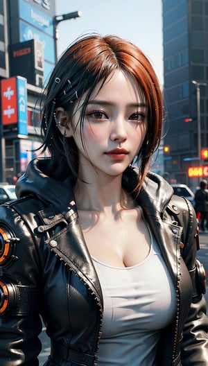 ((Top Quality)), ((Excellent)), (Highly Detailed: 1.3), 3D, Beautiful (Cyberpunk: 1.3) A hacker woman with orange and black dyed hair, wearing white clothing and looking into the camera
