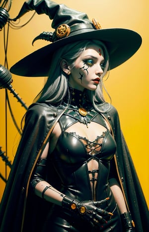 Profile picture, in front of a yellow wall, disembodied asian cyborg woman, connected by cables, twisted cables and wires and LEDs, bodypunk PLC robot with attractive eyes, silvery motorhead with ray gun, 80 degree field of view, Art: Sergio Lopez, Natalie Shau, James Jean, Salvador Dali, (yellow background:1.5), lvdress, Japanese hime cut style, AliceMadness, Xixie, Halloween tech, sci-fi, supernatural green, creepy, witch costume, pointed hat, black flowing dress, broomstick, green face paint, long cape, gothic jewelry, dark makeup, mystical aura, Halloween costume, jack-o-lantern