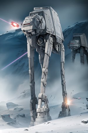 ((1 male)), AT-AT Walker, whole body, 3D figure, AT-AT, natural light, realistic image quality, dynamic pose, flying (laser beams:1.4), tracer bullets, snow smoke, video lighting, perfect composition, super detail, official art, masterpiece , best quality, reflections, each high resolution CG Unity 8K wallpaper, detailed background, masterpiece, photorealistic, random angle, snow field, ice planet, HOTH, full body, Star Wars,