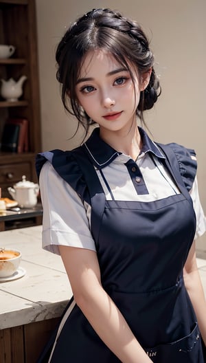 ((highest quality, 8k, masterpiece)), Super detailed, Sharp focus, One beautiful woman, ((Navy Polar Apron:1.4)), (Updo:1.4), (Simple collared shirt:1.4), Highly detailed face and skin texture, ((Fine grain)), ((Beautiful dark eyes:1.4)), (smile:1.15), (Mouth closed), Cafe,cute girl