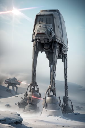 ((1 male)), AT-AT Walker, whole body, 3D figure, AT-AT, natural light, realistic image quality, dynamic pose, flying (laser beams:1.4), tracer bullets, snow smoke, video lighting, perfect composition, super detail, official art, masterpiece , best quality, reflections, each high resolution CG Unity 8K wallpaper, detailed background, masterpiece, photorealistic, random angle, snow field, ice planet, HOTH, full body, Star Wars,