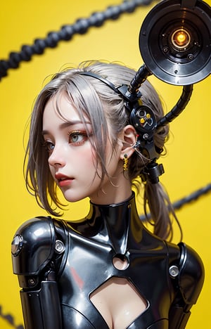 profile photo, in front of the yellow wall, Asian cyborg woman without body, connected by cable, Twisted cable and wire and LED, Charming eyes bodypunk PLC robot、silver motor head, with ray gun, 80 degree field of view, art by：sergio lopez, natalie shau, James Jean and Salvador Dali, (Yellow background:1.5)