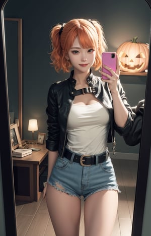 (masterpiece, raw photo, real, one girl, solo, real,) :1.4), Plano General, above the thigh, girl of a young age, K-pop girl with faded cut orange hair and a white earring in her right ear, open leather jacket with a dark blue shirt, nice smile, ripped black shorts and a belt with a big buckle, painting background, pop star, he has a messy pink emo hairstyle. He has an overall normal putt putt troll look. , (pink and dark glass broken glass mirror background), cyan, magenta, yellow green, violet, cyber blue moon, neighbor girl, girl, beautiful legs,BOTTOM VIEW,鄰家女孩,女孩,incrshlwn,halloween, halloween costume, night sky