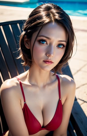 Top quality, masterpiece, super high resolution, (photorealistic:1.5), raw photo, one girl, swimsuit, poolside, beach chair, deep shadow, low key, cold light, sexy look, short hair, beautiful eyes, Japanese hime cut style, AliceMadness, Blake