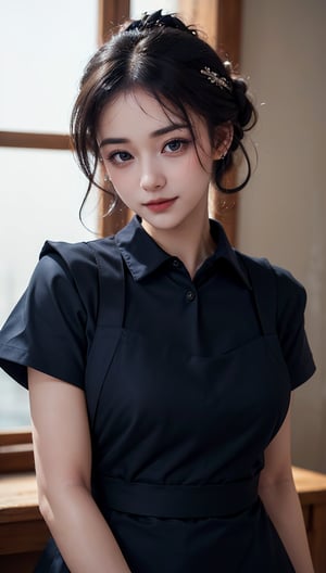 ((highest quality, 8k, masterpiece)), Super detailed, Sharp focus, One beautiful woman, Chignon, ((Navy Polar Apron:1.4)), (Updo:1.4), (Simple collared shirt:1.4), Highly detailed face and skin texture, ((Fine grain)), ((Beautiful dark eyes:1.4)), (smile:1.15), (Mouth closed), Cafe,cute girl