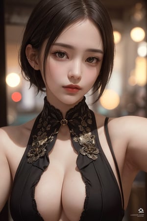 Realism, Masterpiece, Best Quality, Raw Photo, Selfie, One Girl, Solo, Handsome Short Hair, Brown Hair, Detailed Face, Glamorous Face, Steampunk Costume, Medium Breasts, Dynamic Pose, Looking at Viewer, From Below, Details background, fine detail, intricate detail, ray tracing, depth of field, low key, nffsw, beautyniji