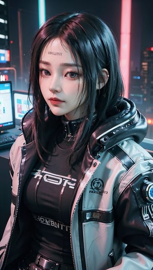 ((Highest quality)), ((masterpiece)), (Very detailed:1.3), 3d, beautiful (cyber punk:1.3) Hacker woman with dyed hair, Wearing black clothes and looking at the camera
