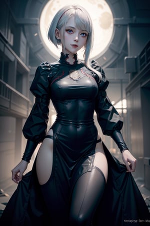 absurd, masterpiece, top quality, nffsw, one girl, mature woman, (sharp focus), villain smile, medium breasts, (long hair on black background), (gray eyes), (detailed eyes) , white gothic lace costume, realism, black castle, ultra-definition, vivid, intricate detail, photorealistic, steampunk, Aodai Cyber, 2b