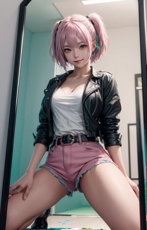 (masterpiece, raw photo, real, one girl, solo, real,) :1.4), Plano General, above the thigh, girl of a young age, K-pop girl with faded cut dark pink hair and a white earring in her right ear, open leather jacket with a dark blue shirt, nice smile, ripped black shorts and a belt with a big buckle, painting background, pop star, he has a messy pink emo hairstyle. He has an overall normal putt putt troll look. , (pink and dark glass broken glass mirror background), cyan, magenta, yellow green, violet, cyber blue moon, neighbor girl, girl, beautiful legs,BOTTOM VIEW,鄰家女孩,女孩