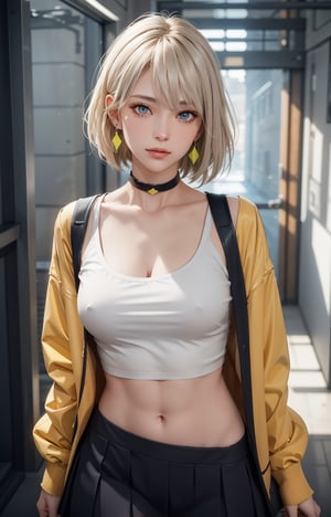 (Masterpiece, Best Quality, 1 Girl, Solo, Intricate Details, Chromatic Aberration, Realistic,) :1.4), yellow eyes, earrings, sharp eyes, choker, neon shirt, open jacket, crop top, (symmetrical eyes), (perfect symmetrical body), live house entrance, look at the viewer, 2b,beautylegs,school uniform ,CyberBlueMoon,lvdress