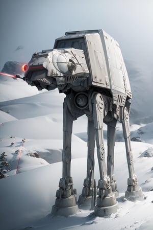 ((1 male)), AT-AT Walker, whole body, 3D figure, AT-AT, natural light, realistic image quality, dynamic pose, flying laser beams, tracer bullets, snow smoke, video lighting, perfect composition, super detail, official art, masterpiece , best quality, reflections, each high resolution CG Unity 8K wallpaper, detailed background, masterpiece, photorealistic, random angle, snow field, ice planet, HOTH, full body, Star Wars,