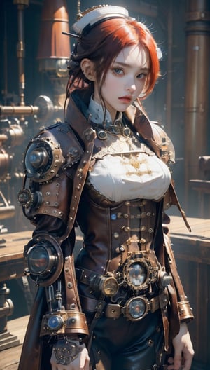 (masterpiece, best quality, top quality, official art, beautiful and aesthetic:1.2),(1 girl:1.3),red hair,leather world,highly detailed,(steampunk:1.2),(white leather steampunk outfit:1.4) colorful,best detail,mix4,cute girl,super steampunk,steampunk,real hand,japanese hime cut style,cute girl,yurisa-chan,1 girl,real hand