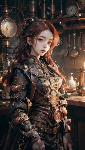 (masterpiece, best quality, best quality, official art, beautiful and aesthetic:1.2), (one girl:1.3), red hair, copper and leather world, highly detailed, (steampunk:1.2), colorful, highest detail, mix4, cute girl, super steampunk, steampunk, real hands,Japan Hime_cut style,little_cute_girl,yurisa_chan