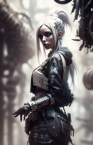 (Masterpiece, Best Quality, 1 Girl, Solo, Intricate Details, Chromatic Aberration), Real,, 2bTheEmpireStyle, White, White Cyborg Fashion Shot, Punk Warrior, ((Sigh)), (Sad Smile: 0.6), Long Hair, Black Hair , white headdress, pearl highlights, hair on one eye, yellow eyes, earrings, sharp eyes, , (symmetrical eyes), (perfectly symmetrical body), by the wall, fractal decoration staring at the viewer, Unreal Engine, ArtStation In trend, high-tech plastic,TheEmpireStyle,Maria,StormTrooper, armor,nanotech