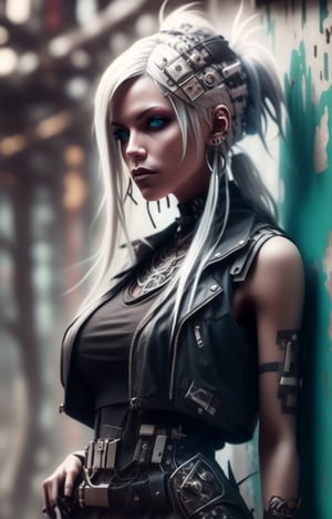 (Masterpiece, Best Quality, 1 Girl, Solo, Intricate Details, Chromatic Aberration), Real,, 2bTheEmpireStyle, White, White Cyborg Fashion Shot, Punk Warrior, ((Sigh)), (Sad Smile: 0.6), Long Hair, Black Hair , white headdress, pearl highlights, hair on one eye, yellow eyes, earrings, sharp eyes, , (symmetrical eyes), (perfectly symmetrical body), by the wall, fractal decoration staring at the viewer, Unreal Engine, ArtStation In trend, high-tech plastic,TheEmpireStyle,Maria,StormTrooper, armor,nanotech