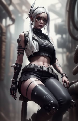 (Masterpiece, Best Quality, 1 Girl, Solo, Intricate Details, Chromatic Aberration), Real,, 2bTheEmpireStyle, White, White Cyborg Fashion Shot, Punk Warrior, ((Sigh)), (Sad Smile: 0.6), Long Hair, Black Hair , white headdress, pearl highlights, hair on one eye, yellow eyes, earrings, sharp eyes, , (symmetrical eyes), (perfectly symmetrical body), by the wall, fractal decoration staring at the viewer, Unreal Engine, ArtStation In trend, high-tech plastic,TheEmpireStyle,Maria