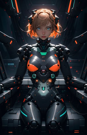 (Ultra High Resolution, Highest Quality, Reality), Futuristic, Mechanical, High Tech, Black and White Grey, Orange hair, Metallic, Streamlined, Complex Structure, Exquisite Details, Geometric Shapes, Neon Colors, Electronic Sounds, Female Pilot Sitting in Organic Cockpit, Cockpit, Digital Elements, Holographic Instruments, Abstract Graphics, Web, Data Interaction, Virtual Reality (Glowing Skin), (Highly Exquisite Skin with Visible Pores), (Luxurious Decoration: 1.2), (Colored Eyes: 1.3), Cute. Beautiful Face. Masterpiece, Exquisite Details, Attention to Detail, Surrealism, Random Angles, Dynamic Poses, Award Winning Portraits, Realistic Design for Photo Quality, Complex Composition, NDP, plugsuit, asuka plugsuit, 