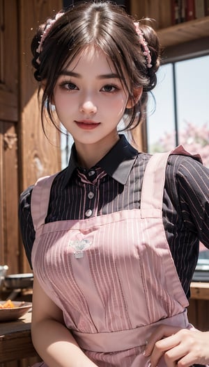 ((Top quality, 8k, masterpiece)), ultra detailed, sharp focus, beautiful woman, ((pink pinstripe polar apron: 1.4)), (updo: 1.4), (simple collared shirt: 1.4), highly detailed face and skin texture, ((fine grain)), ((beautiful black eyes: 1.4)), (smile: 1.15), (mouth closed), cafe, cute girl,brown hair