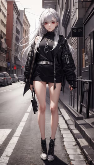 best quality, 4K wallpaper, masterpiece, extremely detailed CG unity 8k wallpaper, extremely detailed eyes, ultra-detailed, intricate details, 1girl, solo, red eyes, silver hair, long hair, TheEmpireStyle, white, jewelry,  looking at viewer, full body, road sign, street park, street, Cyberpunk city,  TheEmpireStyle,semirealistic