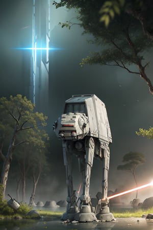 ((1 male)), AT-AT Walker, whole body, 3D figure, AT-AT, damaged AT-AT, scratches on the exterior, tracer bullets, (laser beams:1.4), laser beams flying around, natural light, realistic image quality, dynamic pose, video lighting , Perfect Composition, Super Detail, Official Art, Masterpiece, Top Quality, Reflections , High Resolution CG Unity 8K Each Wallpaper, Detailed Background, Masterpiece, Photorealistic, Random Angle, Forest Planet, Endor, Jungle, Full Body, Star Wars ,