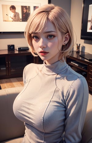 ((Realistic Light, Best Quality, 8K, Masterpiece: 1.3)), Selfie, 1 Girl, K-Pop Idol, Pretty Woman with Perfect Body: 1.4, Pink Straight Short Blonde Hair with Bangs, Medium Breast, slim body, slim waist, turtleneck sweater dress, bed, highly detailed face, detailed eyes, double eyelids, perfect hands, perfect fingers, perfect breasts, perfect hair, perfect face, perfect beautiful body, perfect composition, relaxing at home, living room, mansion, expensive house, big expensive TV, expensive sofa, detailed background, ray tracing, unreal engine, highest resolution hyperrealism,cplucy