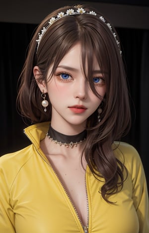 (Masterpiece, Best Quality, 1 Girl, Solo, Intricate Details, Chromatic Aberration, Realistic,), Realistic, ((Middle Breath)), Long Hair, Ash Brown Hair, White Headdress, Pearl Highlights, (hair in one eye: 1.4), yellow eyes, earrings, sharp eyes, choker, neon shirt, open jacket, crop top, (symmetrical eyes), (perfect symmetrical body), live house entrance, looking at the viewer see, 2b