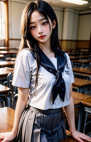 Realistic black eyes, white skin, medium black hair, perfect face, perfect eyes, (sad smile: 0.7), school uniform, serafuku, pleated skirt, sailor collar, white shirt, beautiful girl, school classroom, very Detailed and comprehensive film, digital painting, 8K, cinematic lighting, top quality, high resolution, great work, post-processing, perfect result, surreal, minji