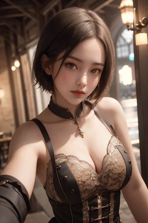 Realism, Masterpiece, Best Quality, Raw Photo, Selfie, One Girl, Solo, Handsome Short Hair, Brown Hair, Detailed Face, Glamorous Face, Steampunk Costume, Medium Breasts, Dynamic Pose, Looking at Viewer, From Below, Details background, fine detail, intricate detail, ray tracing, depth of field, low key, nffsw, beautyniji