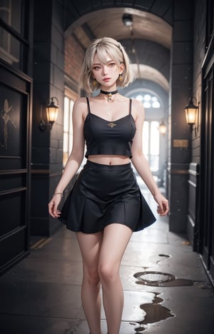 (masterpiece, best quality, one girl, solo, exquisite details, chromatic aberration, realistic,) :1.4), yellow eyes, earrings, piercing eyes, choker, neon shirt, camisole, crop top, (symmetrical eyes), (perfect symmetrical body), live house entrance, look at the viewer, 2b, beautiful legs, school uniform, cyber blue moon, lvdress