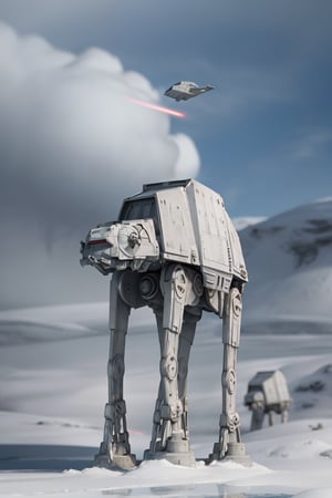 ((1 male)), AT-AT Walker, whole body, 3D figure, AT-AT, natural light, real image quality, dynamic pose, video lighting, perfect composition, super detail, official art, masterpiece, highest quality, reflection, Each high-resolution CG Unity 8K wallpaper, detailed background, masterpiece, photorealistic, random angle, snow field, ice planet, full body, Star Wars,