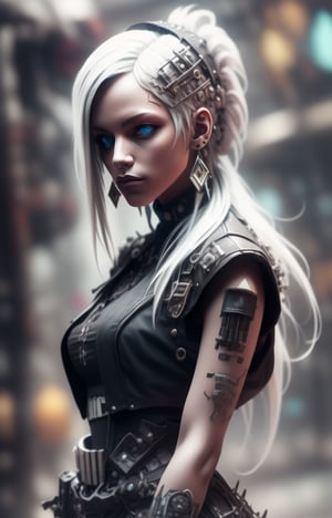 (Masterpiece, Best Quality, 1 Girl, Solo, Intricate Details, Chromatic Aberration), Real,, 2bTheEmpireStyle, White, White Cyborg Fashion Shot, Punk Warrior, ((Sigh)), (Sad Smile: 0.6), Long Hair, Black Hair , white headdress, pearl highlights, hair on one eye, yellow eyes, earrings, sharp eyes, , (symmetrical eyes), (perfectly symmetrical body), by the wall, fractal decoration staring at the viewer, Unreal Engine, ArtStation In trend, high-tech plastic,TheEmpireStyle,Maria,StormTrooper, armor,nanotech