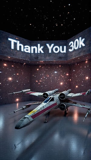 Realistic, striking art models, holographic displays, the words "Thank You 30k" appearing in bold and prominent letters, the facades of buildings in the Star Wars universe lit up with vibrant neon lights, xwingflux, an X-wing starfighter parked on an airport landing pad,