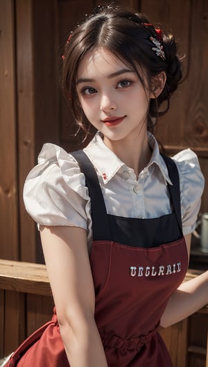 ((highest quality, 8k, masterpiece)), Super detailed, Sharp focus, One beautiful woman, ((red Polar Apron:1.4)), (Updo:1.4), (Simple collared shirt:1.4), Highly detailed face and skin texture, ((Fine grain)), ((Beautiful dark eyes:1.4)), (smile:1.15), (Mouth closed), Cafe,cute girl